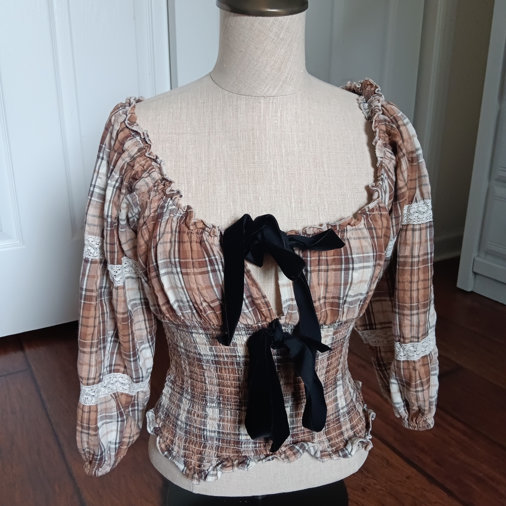 Kimchi Blue Plaid Smocked Blouse with Black Bow
